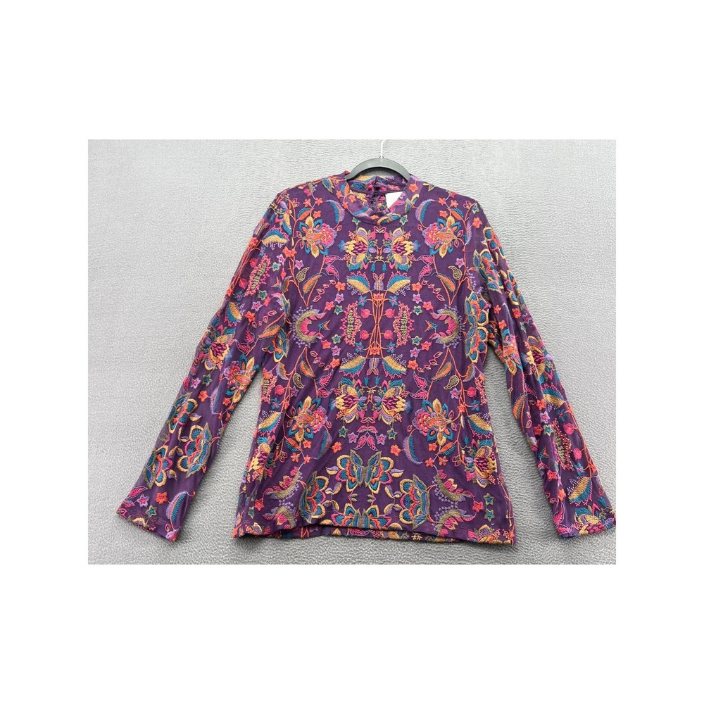 Johnny Was Jade Rebecca Top Womens XL Mesh Mock Neck Long Slv Purple Embroidered